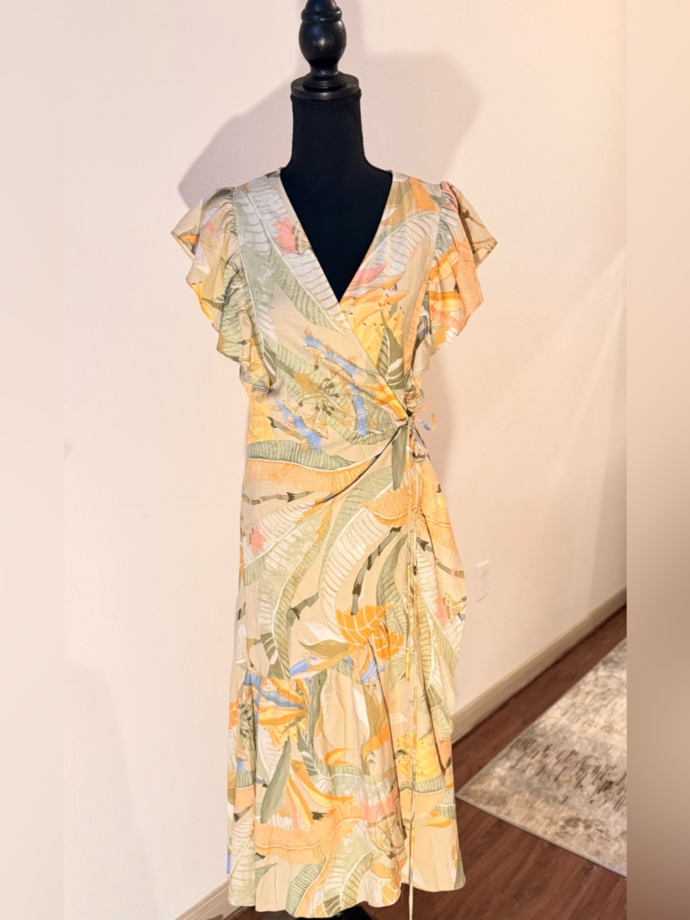 Yellow Tropical Print Wrap Dress